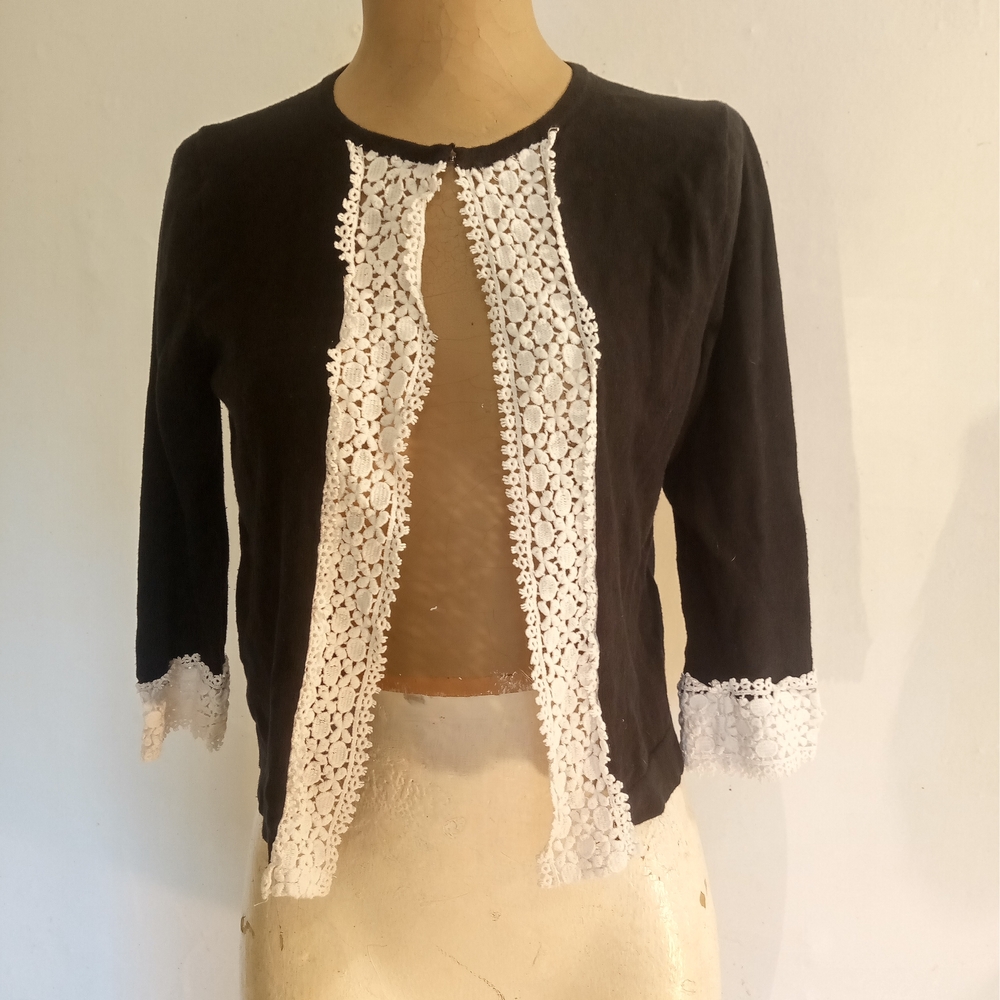 Vintage August Silk Black Cardigan with White Crochet Front